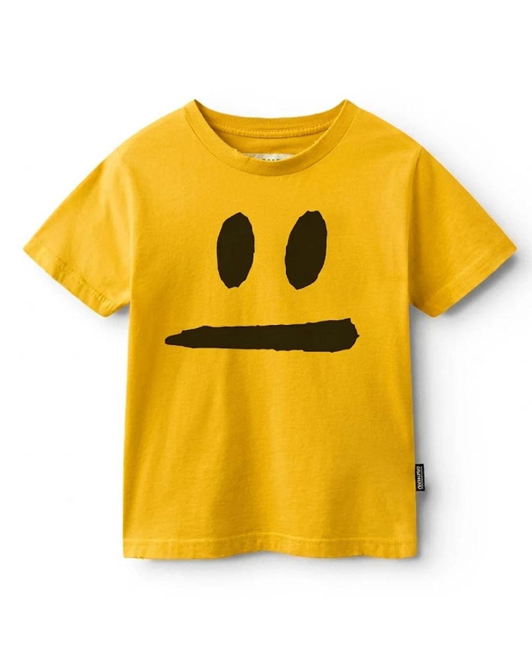 A yellow short-sleeve kids' t-shirt featuring a minimalist black face graphic with two oval eyes and a wide horizontal mouth, displayed on a clean white background.