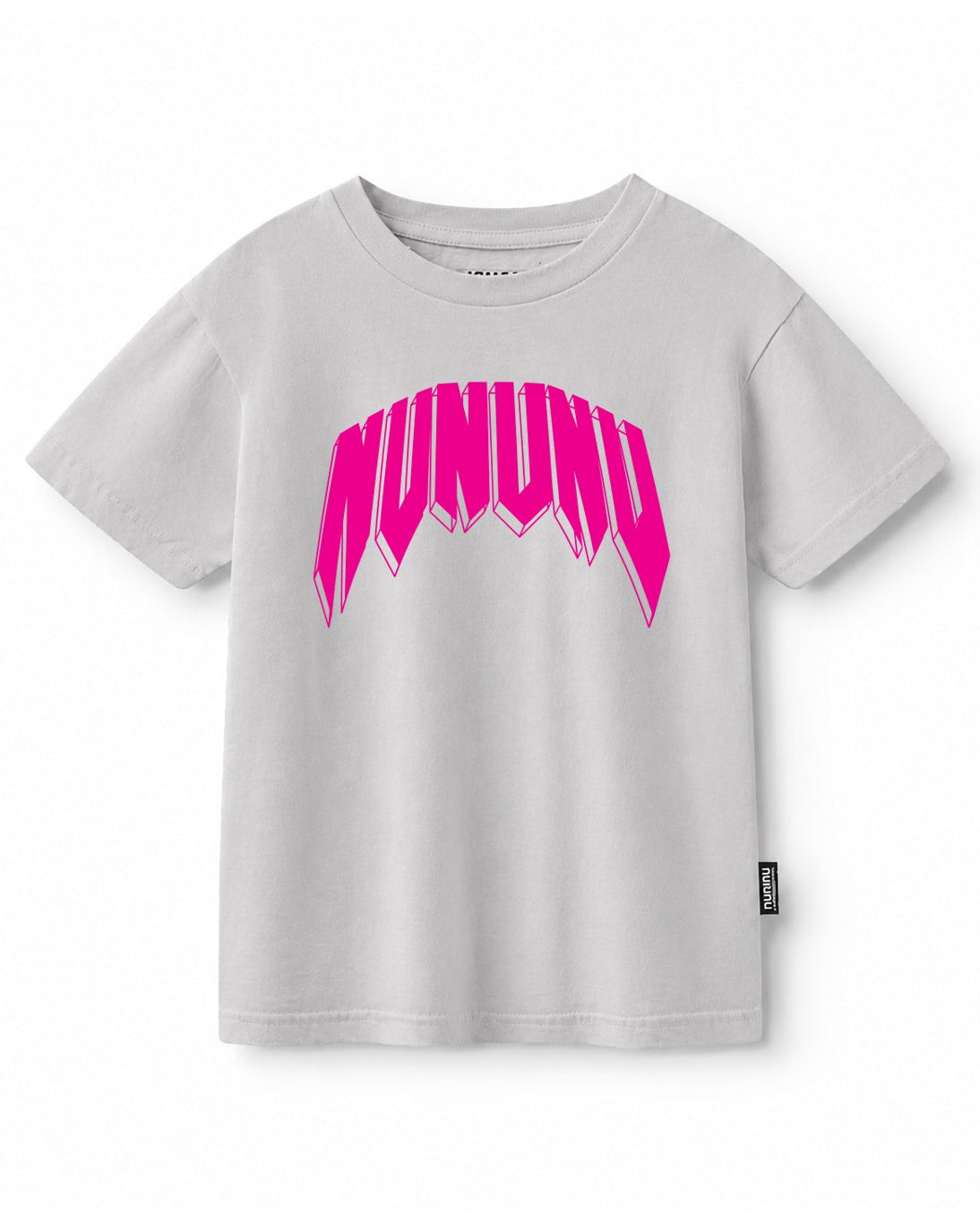 A light gray short-sleeve t-shirt with a vibrant pink 'NUNUNU' graphic printed across the chest in an arched, stylized font. The t-shirt is displayed flat against a clean white background.
