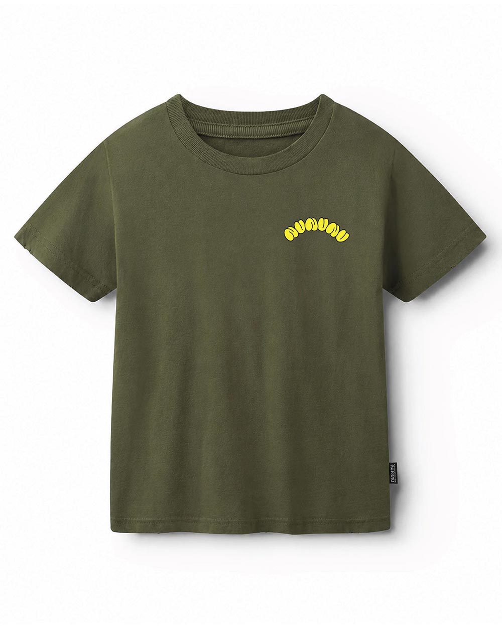 An olive green short-sleeve t-shirt with a yellow arched 'GODAY!' graphic printed on the left chest, displayed against a clean white background.