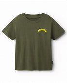 An olive green short-sleeve t-shirt with a yellow arched 'GODAY!' graphic printed on the left chest, displayed against a clean white background.