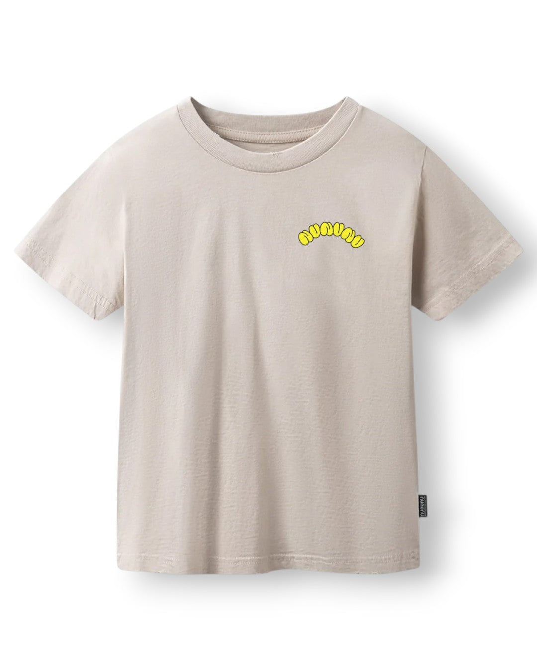 A light beige crewneck t-shirt with a small yellow 'around' graphic on the left chest, displayed on a clean white background.