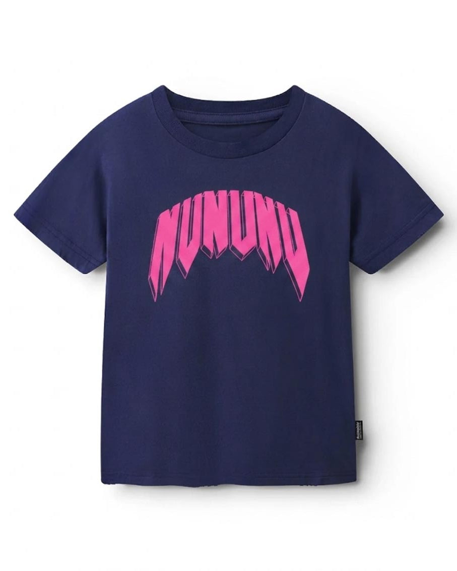 A navy blue short-sleeve t-shirt with a bold pink 'NUNUNU' graphic printed across the chest, displayed on a clean white background.