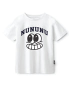 White t-shirt with black logo and text on a white background