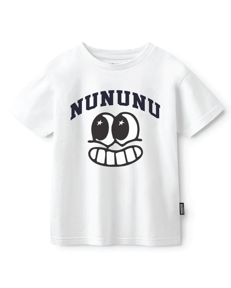 White t-shirt with black logo and text on a white background
