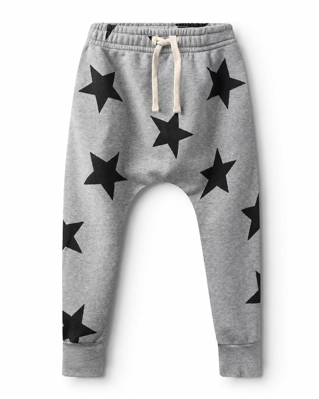 Gray jogger pants for toddlers featuring an all-over black star print, an elastic waistband, and a cream-colored drawstring.