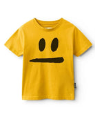 A yellow short-sleeve kids' t-shirt featuring a minimalist black face graphic with two oval eyes and a wide horizontal mouth, displayed on a clean white background.