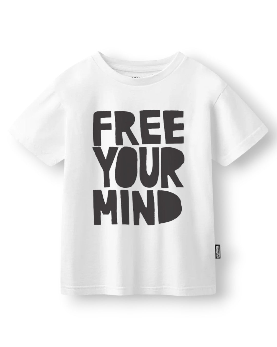 A white short-sleeve crewneck t-shirt with a bold black graphic print on the front reading 'FREE YOUR MIND' in a stylized block font, shown against a plain white background.