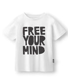 A white short-sleeve crewneck t-shirt with a bold black graphic print on the front reading 'FREE YOUR MIND' in a stylized block font, shown against a plain white background.
