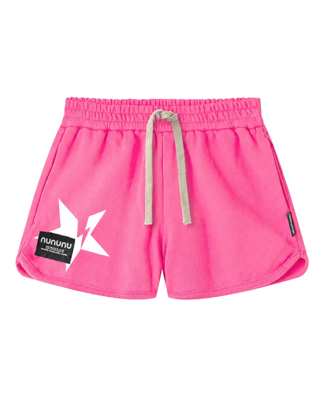 Bright pink athletic shorts with a white geometric logo on the left leg, a white drawstring, and a black brand patch on the lower left side.